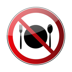 No food sign. Prohibited road sign food isolated on white background. Black silhouette fork, spoon, plate in red round. Symbol of breakfast, kitchen, diet. Forbidden icon Vector illustration