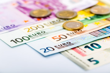 Closeup of banknotes and coins