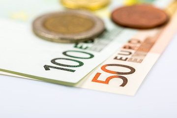 Closeup of banknotes and coins