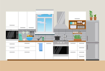 Modern cozy white kitchen interior, flat style, vector graphic design template
