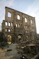 Roman ruins in the city of Aosta, Italy