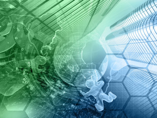 Globe, buildings and mans