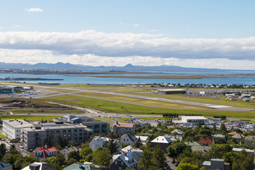 View on Reykjavik city and airport of Reykjavik - Keflavik. Sunny day.