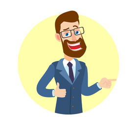 Hipster Businessman showing thumb up and pointing his finger at pointing something beside of him