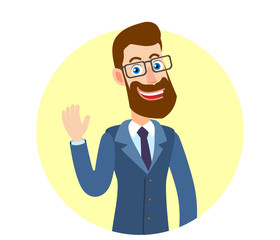 Hipster Businessman  raised a hand in greeting