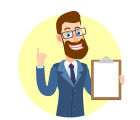 Hipster Businessman showing clipboard and pointing up