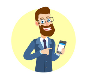 Hipster Businessman pointing his finger at mobile phone