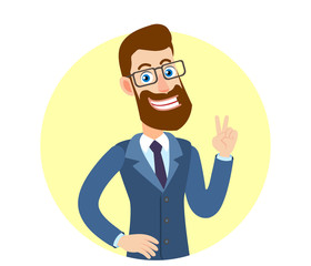 Victory! Hipster Businessman showing victory sign