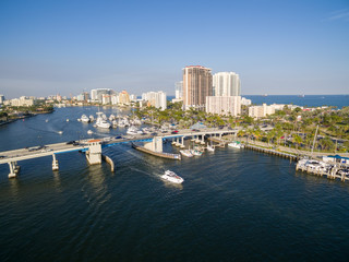Boat passing drawbridge in Fort Lauderdale, Florida. Aerial view.