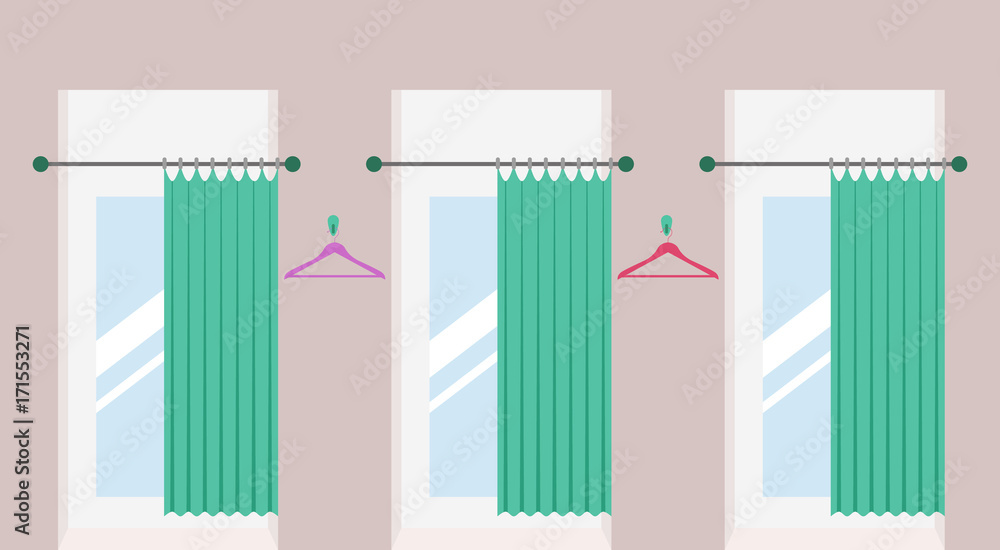 Wall mural Row of vacant fitting rooms with open curtains and mirrors inside in a fashion shop. Cabins for trying on clothes in a shopping mall. Vector illustration.