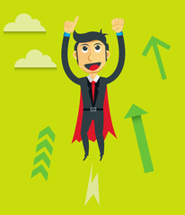 Business Vector Illustration. Businessman flight to the goal of company. Manager with rocket