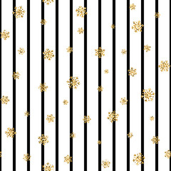 Christmas gold snowflake seamless pattern. Golden glitter snowflakes on black white lines background. Winter snow texture design wallpaper Symbol holiday, New Year celebration Vector illustration