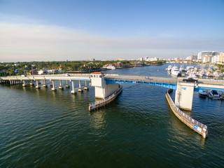 Fototapeta na wymiar Drawbridge at Las Olas blvd in Fort Lauderdale, Florida USA. Aerial view.