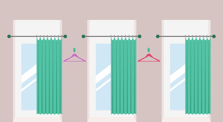 Row of vacant fitting rooms with open curtains and mirrors inside in a fashion shop. Cabins for trying on clothes in a shopping mall. Vector illustration. - 171553271