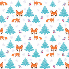 Baby colorful seamless pattern with the image of cute woodland animals. Winter background.