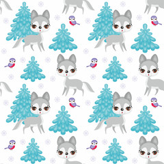 Baby colorful seamless pattern with the image of cute woodland animals. Winter background.