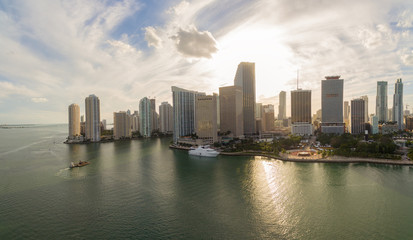 Aerial view of downtown Miami at sunset. All logos and advertising removed.