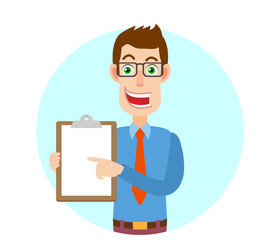 Businessman pointing at clipboard