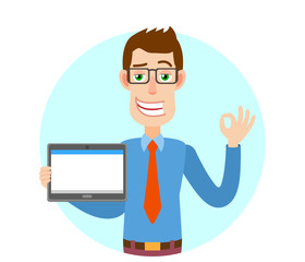 Businessman holding tablet PC and showing a okay hand sign