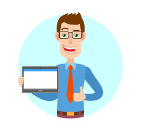 Businessman holding tablet PC and showing thumb up