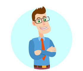 Businessman with arms crossed on his chest. Portrait of Cartoon Businessman Character. Vector illustration in a flat style.