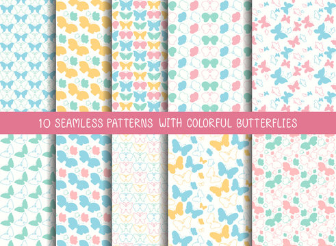 Set of seamless cute butterfly patterns, vector illustration.