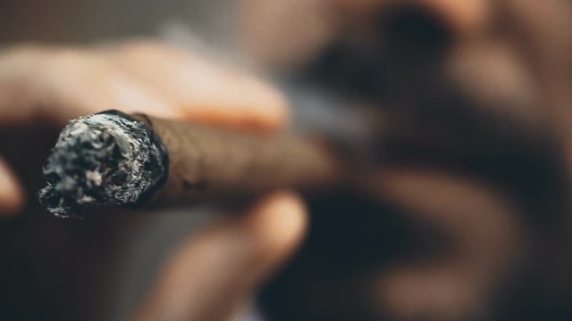 Mafioso exhaling smoke clouds, puffing his cigar and taking important decisions