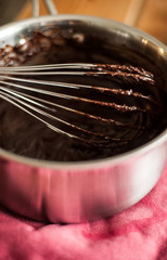 A pan of chocolate ganache with a wire whisk sitting on a red tea towel