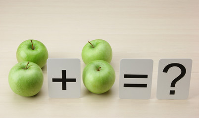 School card and apple with math problems
