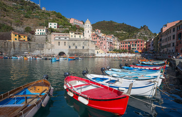 VERNAZZA, ITALY, JULY 31, 2017 - View of Vernazza, 5 Terre, La Spezia province, Ligurian coast, Italy.
