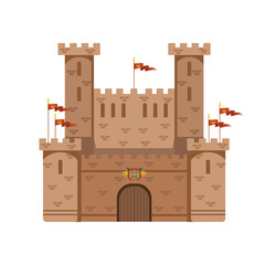 Ancient castle with red flags, medieval architecture building vector Illustration