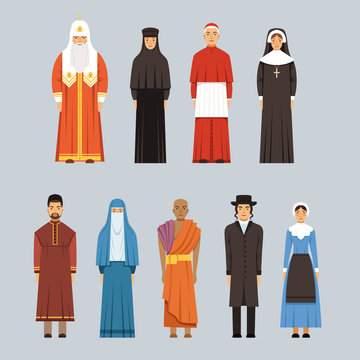 Religion people set, men and women of different religious confessions in traditional clothes