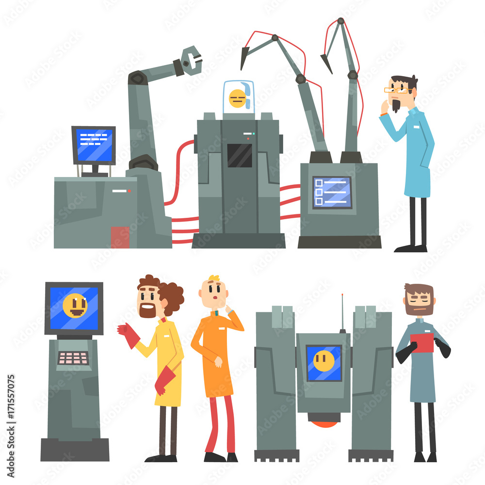 Aufkleber scientists invention in robotic cybernetic engineering industry set, artificial intelligence element