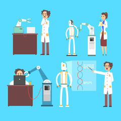 Scientists invention in robotic cybernetic engineering industry set, artificial intelligence concept vector Illustrations