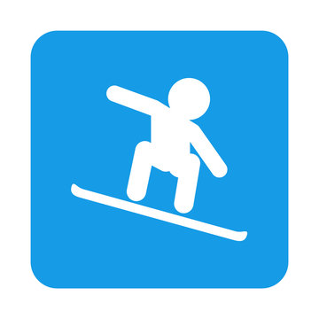 Icono plano snowboard en cuadrado azul