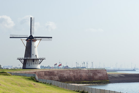 The Oranjemolen on its embankment in Vlissingen