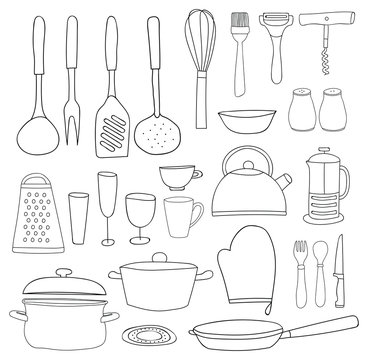 Kitchenware collection. Black outline, silhouettes on white background. Hand drawn style