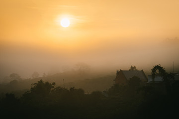 Beautiful mountain landscape at sunrise with fog - 171559687