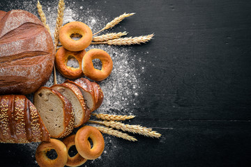 A great selection of baking and bread. Top view. Free space for text.