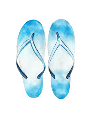 Watercolor illustration, hand drawn blue flip flops isolated object on white background.