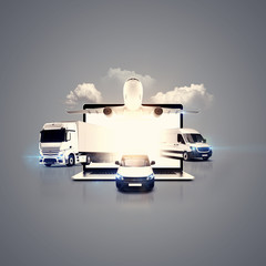 Lkw, Transporter und Flugzeug starten aus einem Notebook Bildschirm zur Auslieferung