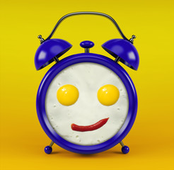 Blue alarm clock with funny face omelet concept - isolated on yellow
