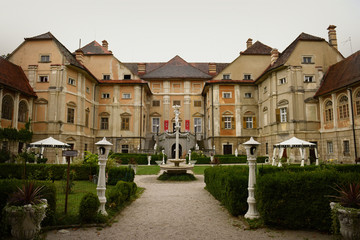 European mansions backyard park with fountain. Statenberg, Slovenia