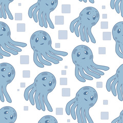 Cute happy jellyfish cartoon character seamless pattern sea animal illustration. Nature animal aquatic medusa, aquarium tropical marine.