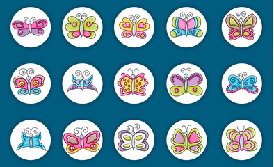 Naklejka premium Butterflies summer icons concept cartoon doodles sticker design. Hand drawn colorful vector illustration collection.
