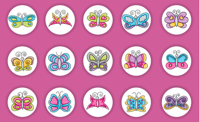 Butterflies summer icons concept  cartoon doodles sticker design. Hand drawn colorful vector illustration collection.