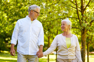 happy senior couple walking at summer park