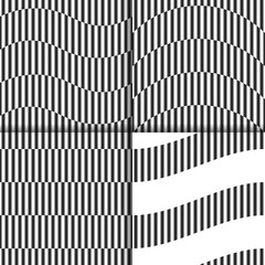 set of seamless black and white linear patterns with arcs, waves, stripes