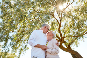 happy senior couple kissing at summer park