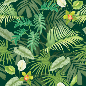 Tropical seamless pattern with leaves and flowers on dark green color background.